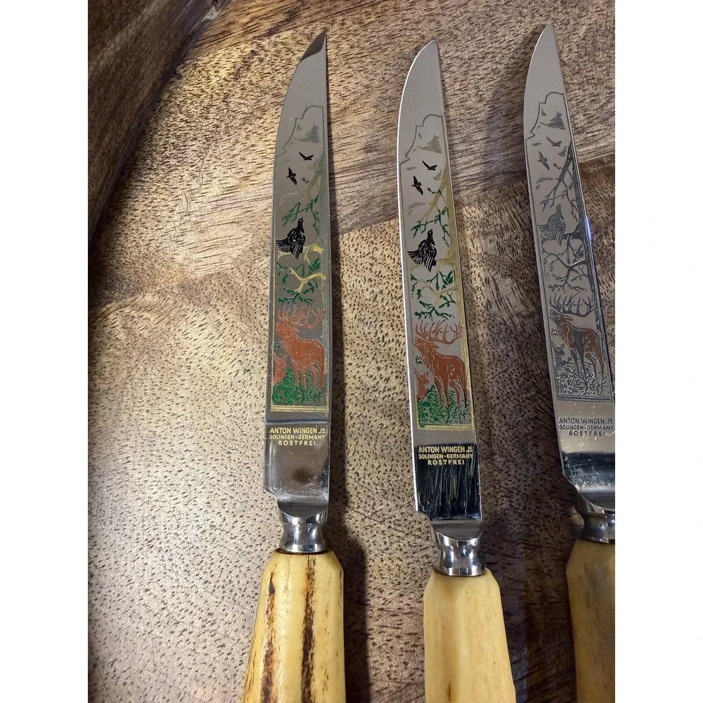 Vintage Anton Wingen Jr. Stag Horn Knife & Fork Set: German Etched Flatware 8 Pc